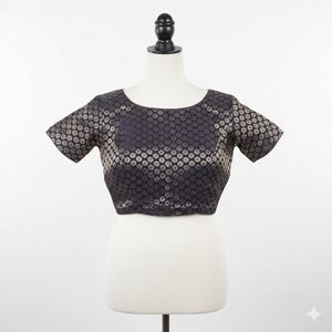 New micro dual tone velvet navy blouse with flower print size 4 /S